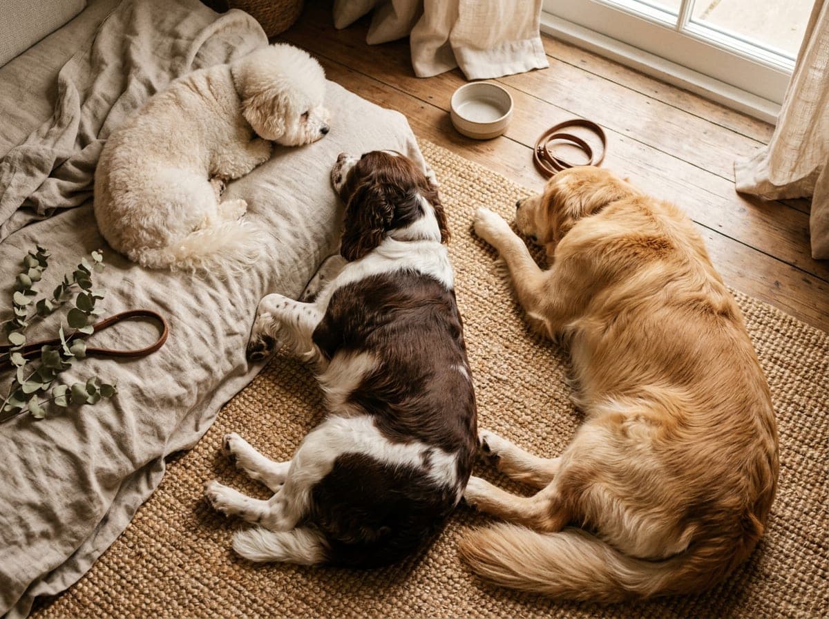 Three recently groomed dogs of different sizes and coat types, showing the results of professional grooming services.